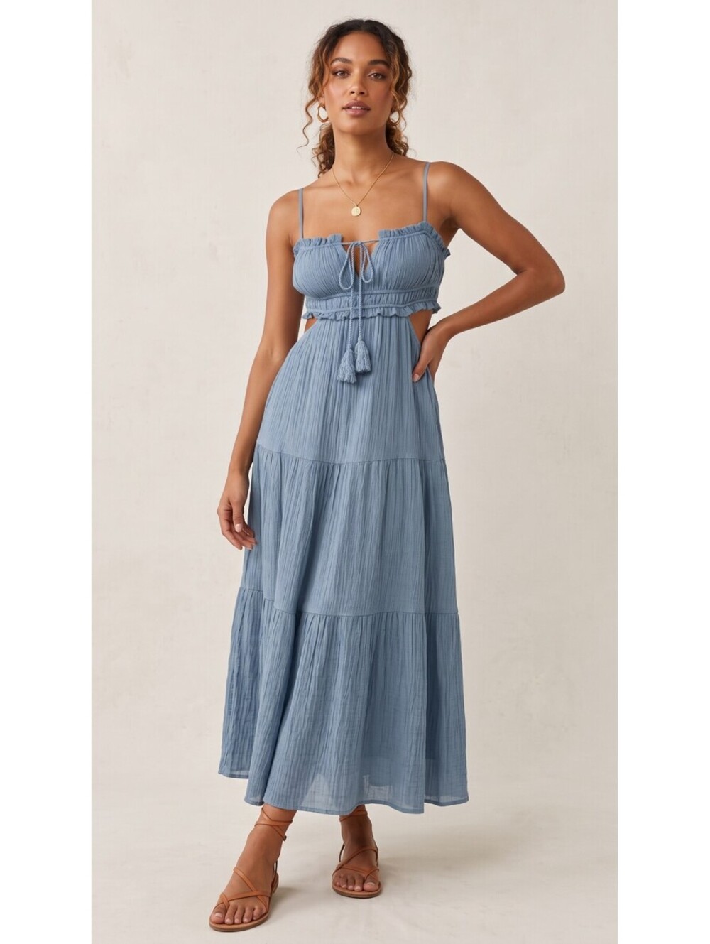 Boutique Dusty Blue Crinkle Cutout Tiered Maxi Dress (Size M)